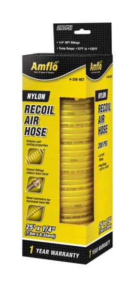 Amfl425eret Amflo 25 Ft 1/4 In Nylon Recoil Air Hose 200 Psi Yellow Amfl425eret Amflo 25 Ft 1/4 In Nylon Recoil Air Hose 200 Psi Yellow