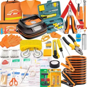 Autodeco 715748220701 131 Pieces Car Emergency Safety Kit Bag With Air Compressor Jumper C