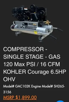 Axemen Power Gac102k 6.5hp Kohler Gas Air Compressor 16 Cfm 120 Psi Twin Tank Ne