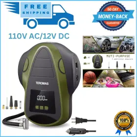 Branded 445004453415 Teromas Green 110v Ac Tire Inflator Dc/ac Air Pump Compressor With Pressure Gauge