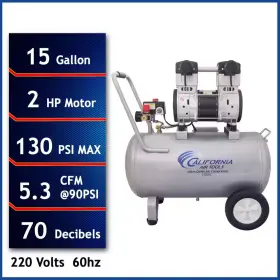 California Air Tools 313098922995 15 Gal. 2.0 Hp 220-volt 60 Hz Ultra Quiet And Oil-free Compressor