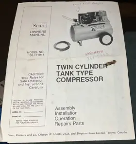 Craftsman 106.171941 Owners Manual Twin Cylinder Tank Type Compressor