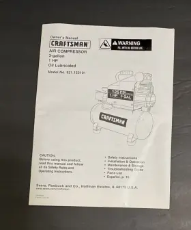 Craftsman 921.153101 Owners Manual Air Compressor 3 Gallon Model
