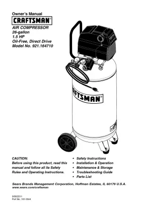 Craftsman 921.164710 Owners Manual And Parts List Portable Air Compressor - Model