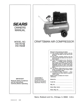 Craftsman 921.176730 Owner Manual Portable Air Compressor Models 919.176730 And 919.176830