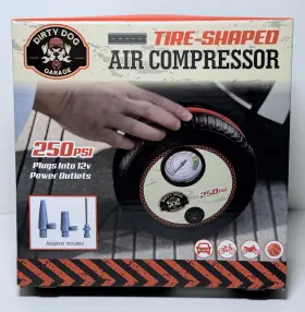 Dirty Dog Garage 30029ddbk-001 Tire-shaped Air Compressor 250 Psi Portable Travel 12v Plug-in