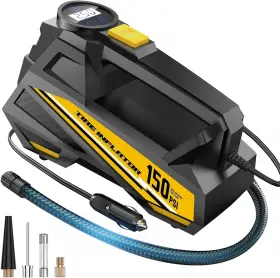Flykid 079902245437 Tire Inflator Air Compressor 12v Dc 150 Psi 3 Nozzle Adaptors Led