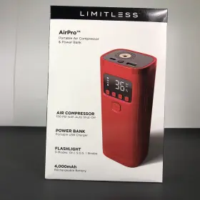 Limitless 850046760426 Airpro Portable Air Compressor And Power Bank Flashlight Red