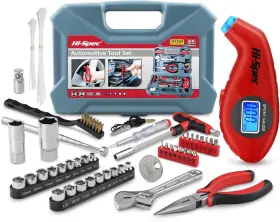 Products 726084633148 65pc Compact Auto Garage Tool Kit Set With Digital Tire Pressure Gauge. Essentia