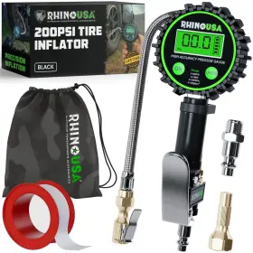Rhino Usa 8542043112 Tire Inflator With Pressure Gauge 0-200 Psi Large 2 Inch Glow Dial
