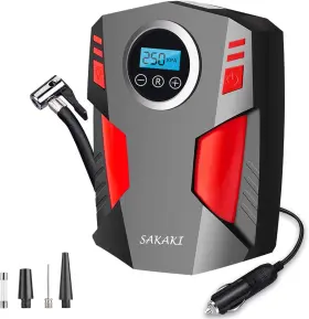 Yd-2122 Sakaki Tire Inflator Portable Air Compressor Car Pump With 3 Nozzle Adaptors And D