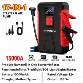 Tm16f-15000a Sharmeal 15000a-19000a Peak 350psi 12v 17-in-1 Portable Jump Starter With Air Compressor