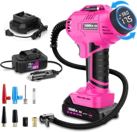 Thinkwork 313099448449 Tire Inflator Portable Air Compressor Pink Cordless Car Pump With 20v Rech