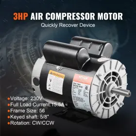 15.5a Vevor 197988767787 3hp Air Compressor Electric Motor 230v 3450rpm 56 Frame Cw/ccw Rotation F