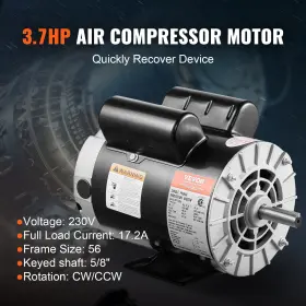 17.2a Vevor 197988771715 3.7hp Air Compressor Electric Motor 230v 3450rpm 56 Frame Cw/ccw Rotation 17.2a Vevor 197988771715 3.7hp Air Compressor Electric Motor 230v 3450rpm 56 Frame Cw/ccw Rotation