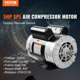 Vevor 840349903347 5hp Air Compressor Motor 230v 15a 3450rpm 56 Frame 5/8 Inch Shaft Cw/ccw Rotation