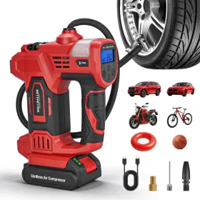 Yc03-red Wellballer 20v Cordless Tire Inflator Portable Air Compressor 150psi Digital Gauge Pump