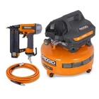 Ridgid 6 Gal. 150 Psi Electric Pancake Air Compressor W/18GA Brad Nailer & Hose Open. Price: $169.99.