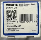 Watts Asme Pressure Safety Relief Valve 3/4 174A-075 New. Price: $69.99.